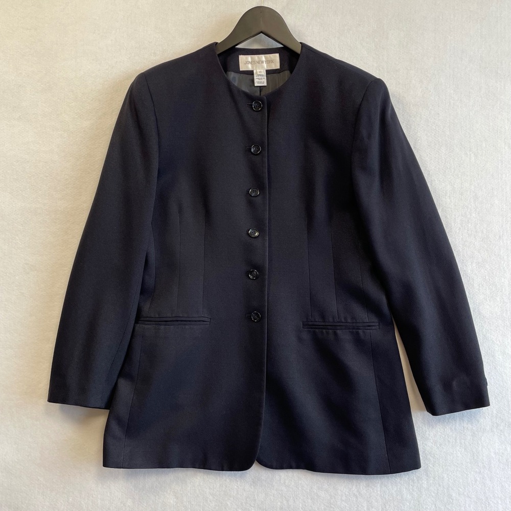 Jones New York Vintage Navy Blue Collarless Button Front Blazer Jacket Size 10‎